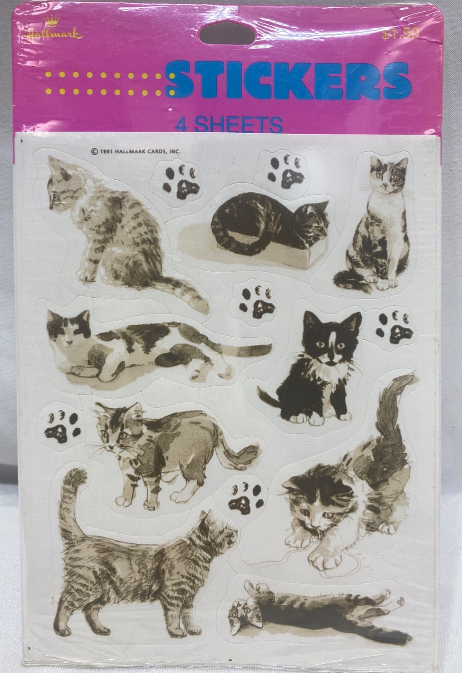 New Sealed Vintage Hallmark Kitty Cat Pet Stickers 4 Sheets 1991 Sealed